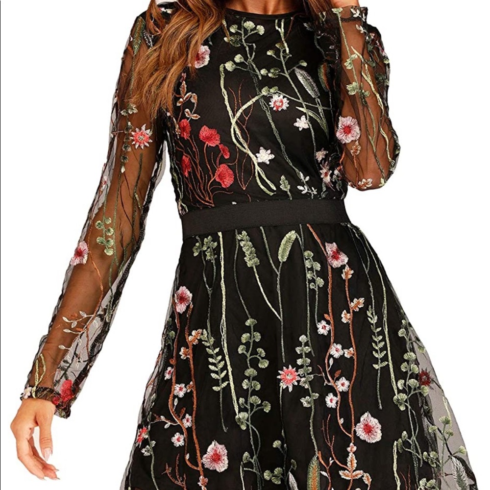 Milumia Women's Floral Embroidery Mesh Round Neck Tunic Party Dress